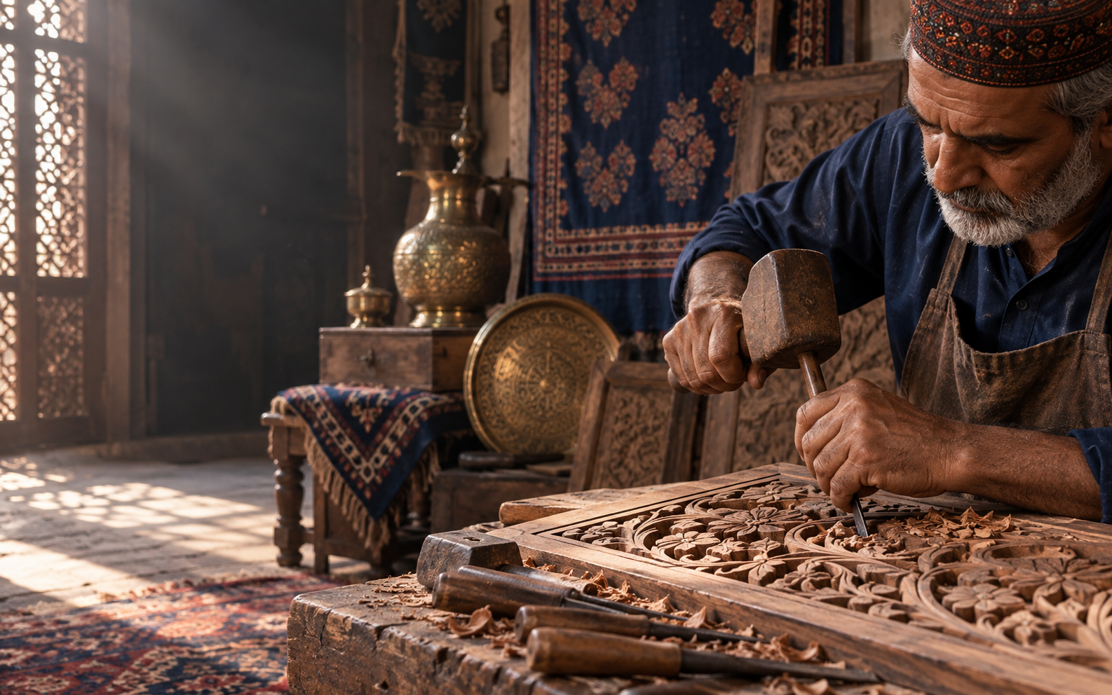 A Pakistani artisan carving traditional woodwork